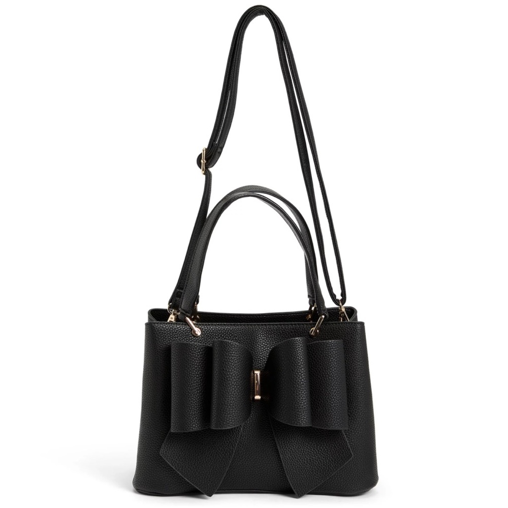 New!!! 3D Bow Vegan Leather 3-Way Wear Black Satchel, Crossbody, & Shoulder Bag - Picture 8 of 15